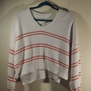 Aerie Cream and Red Striped Scoop Neck Sweater